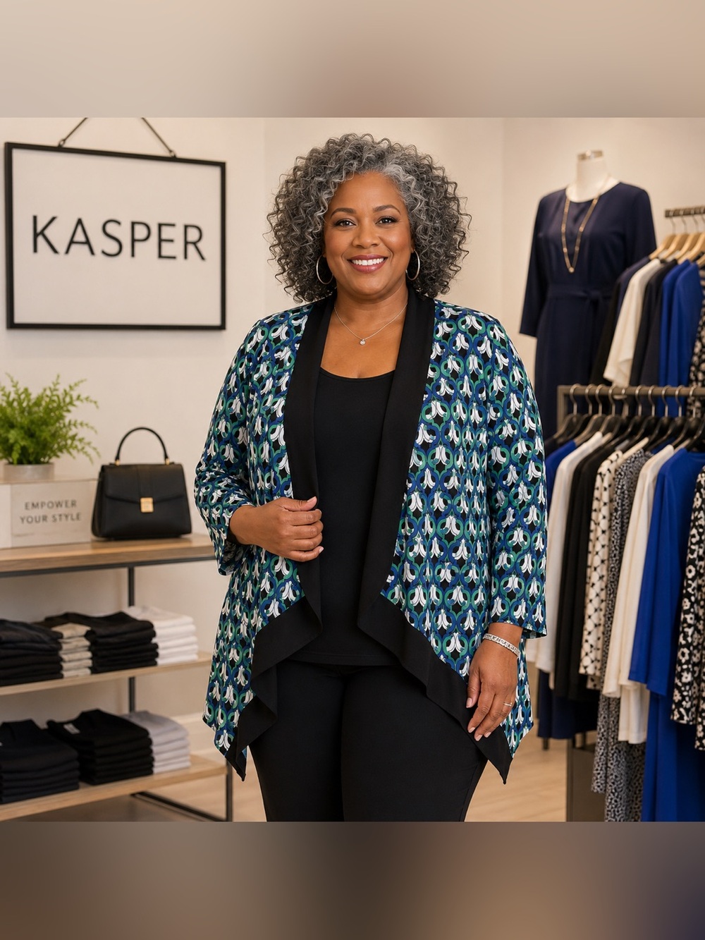 11KA. Kasper Draped Shrug Cardigan in Blue, Green & White w/ Black Trim (2X)